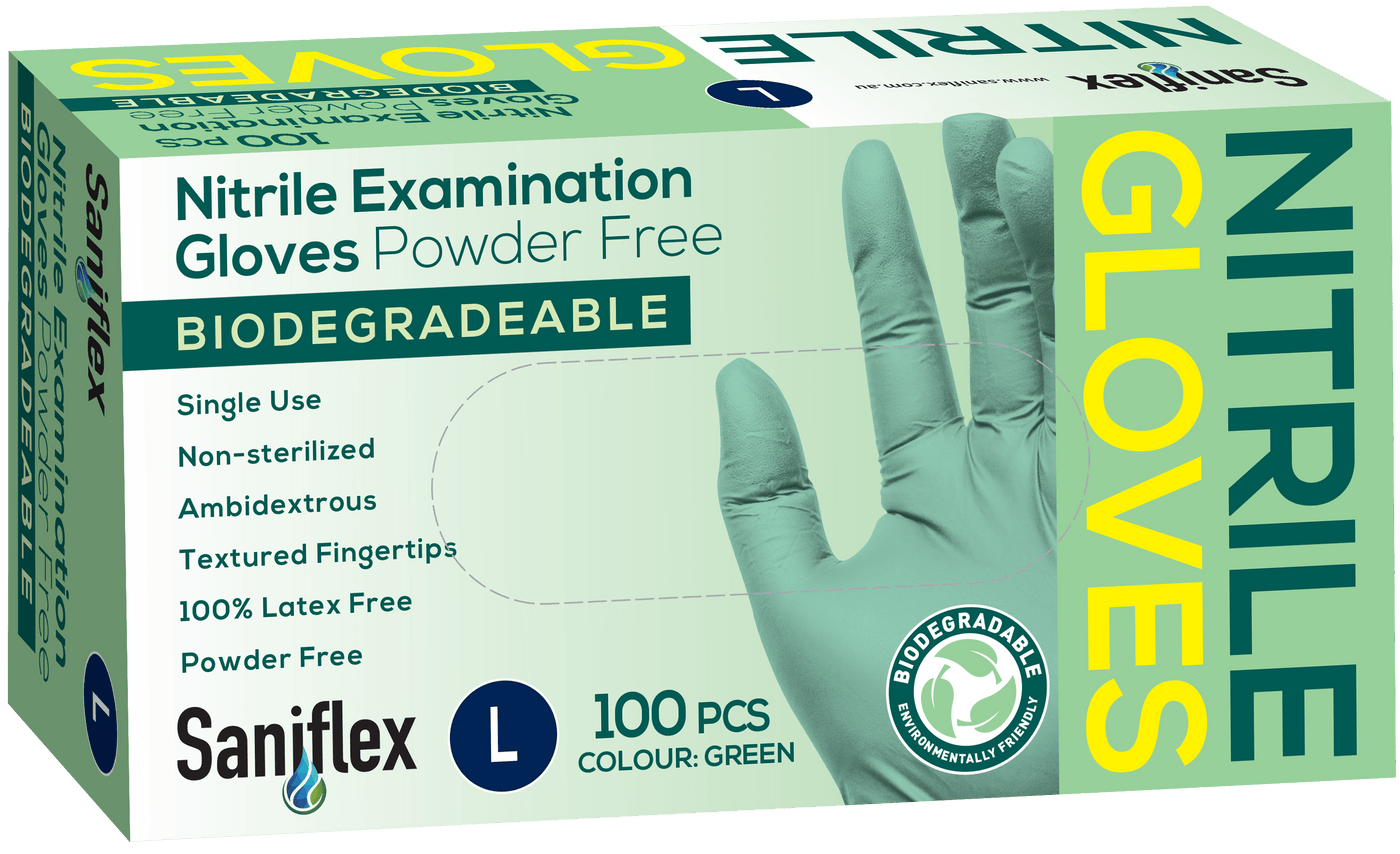 Saniflex Biodegradable Nitrile Gloves- Green 100/ Box
