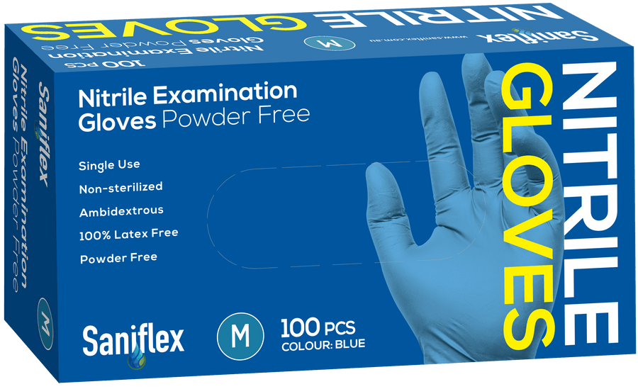 Saniflex Nitrile Gloves - Powder Free - Blue, Box 100 Gloves