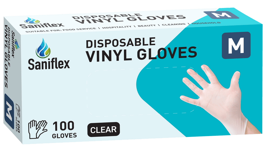 Saniflex Disposable Vinyl Gloves, Powder Free - Clear - 100 Pack ( Carton of 10 boxes )