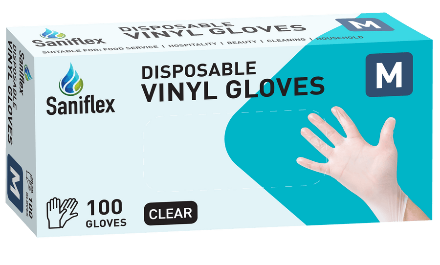 Saniflex Powder Free Vinyl Gloves, Clear - Box(100 Gloves)