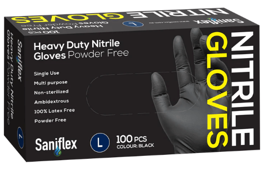 Saniflex Heavy Duty Nitrile Black Gloves - Powder Free -Box 100 Gloves