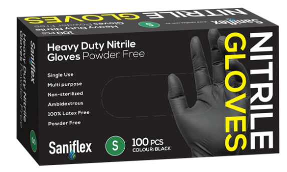 Saniflex Heavy Duty Nitrile Black Gloves - Powder Free -Box 100 Gloves